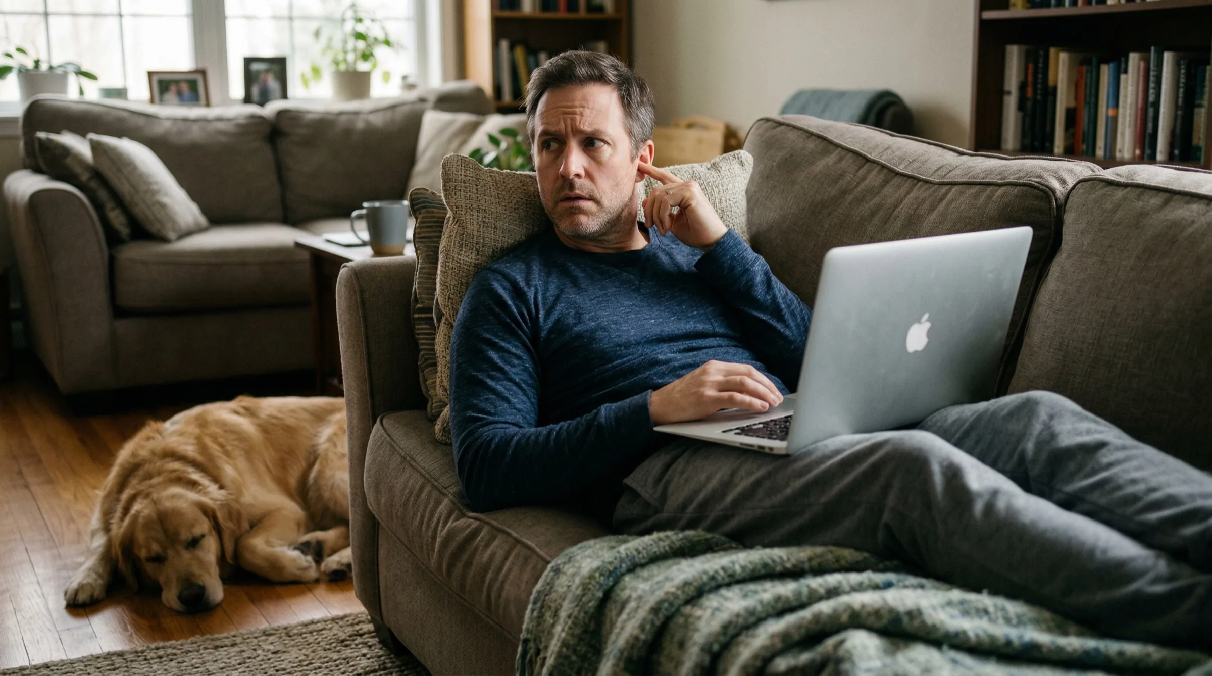 A 43-year-old man on his sofa, holding a finger to his ear, listening for music that isn't playing, with his golden retriever asleep on the floor.
